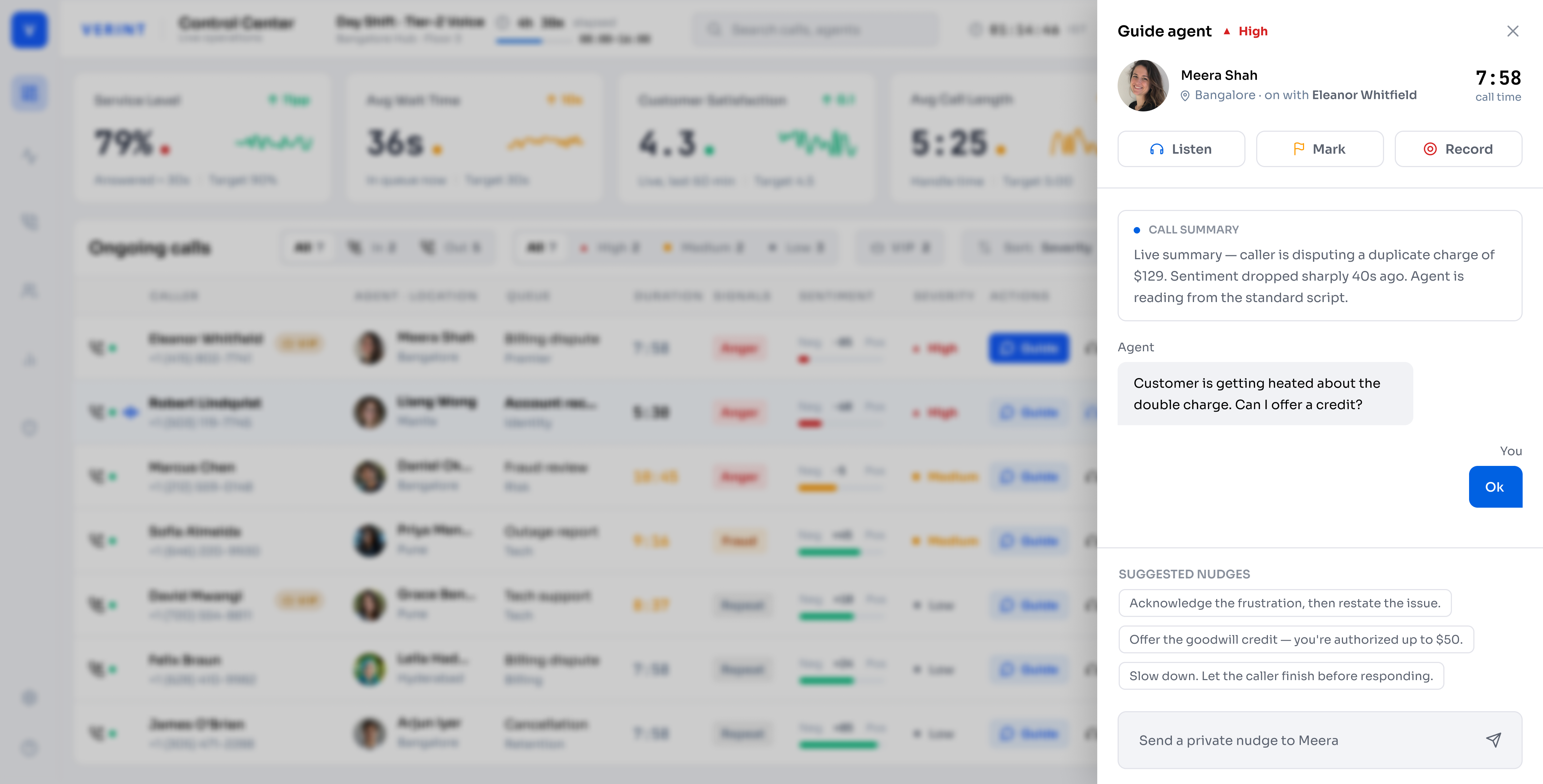 Verint agent guidance panel with AI call summary and suggested nudges